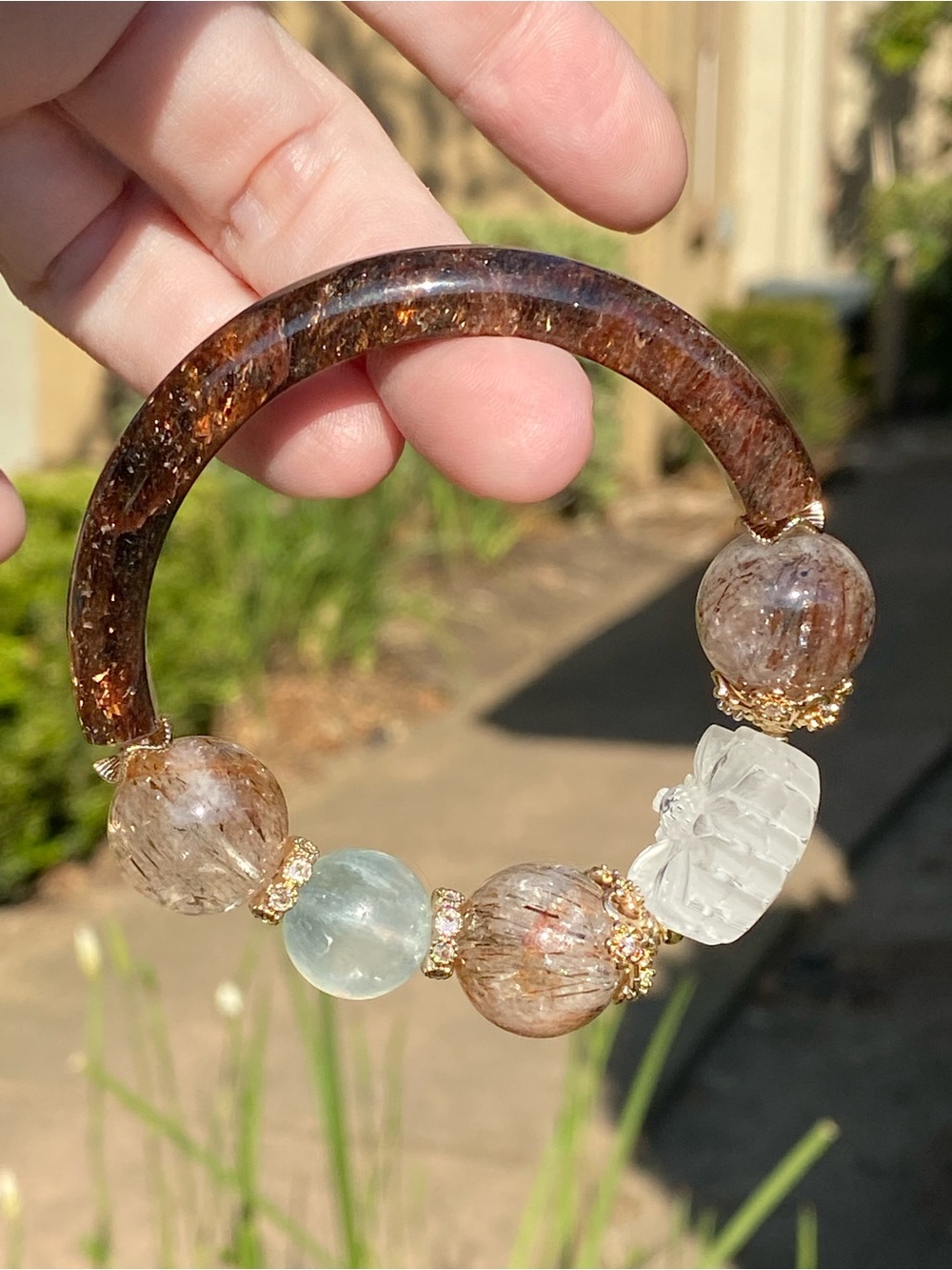 Black Copper Super Seven Half Bangle Bracelet Aquamarine Quartz Flower